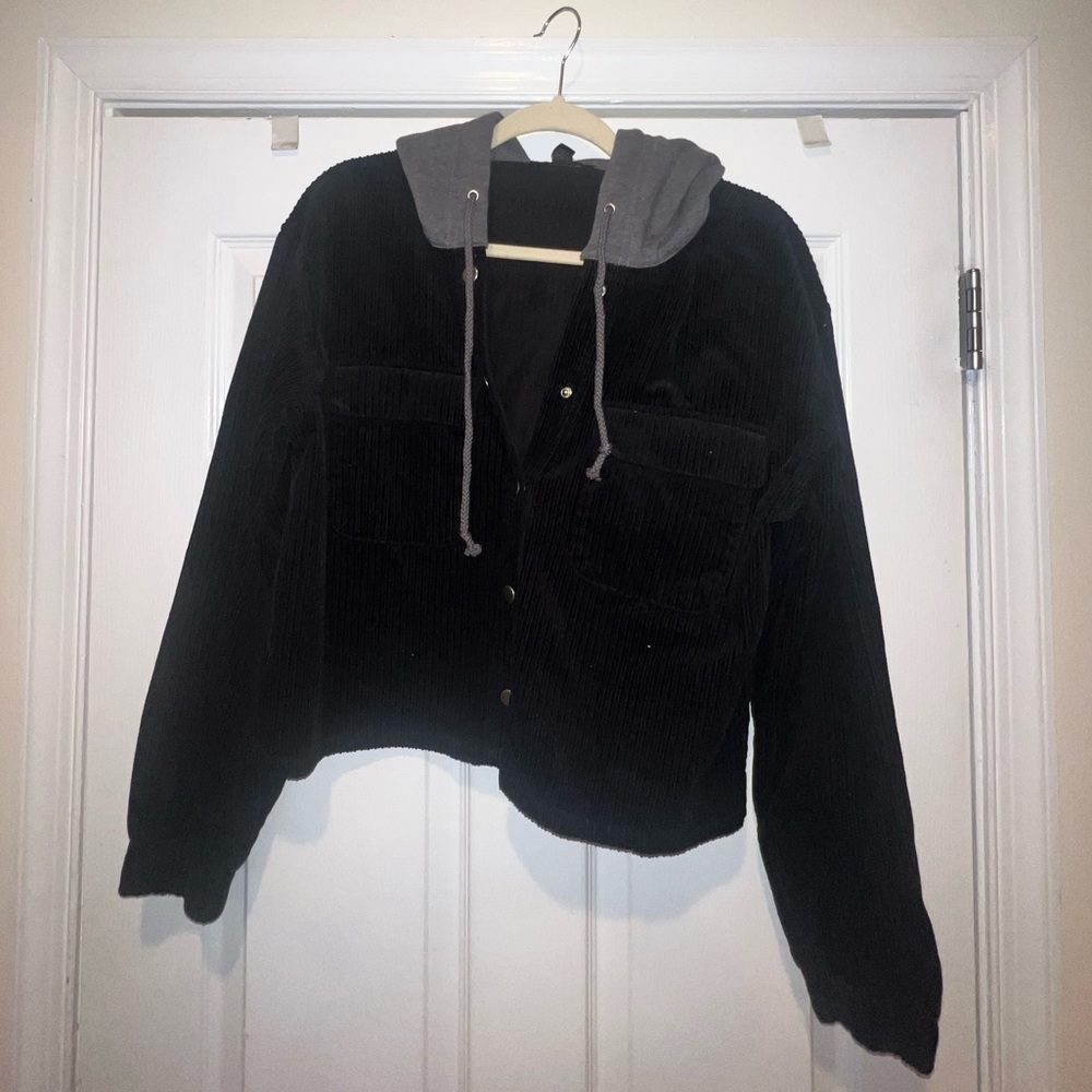 Corduroy Black Hooded Light Jacket